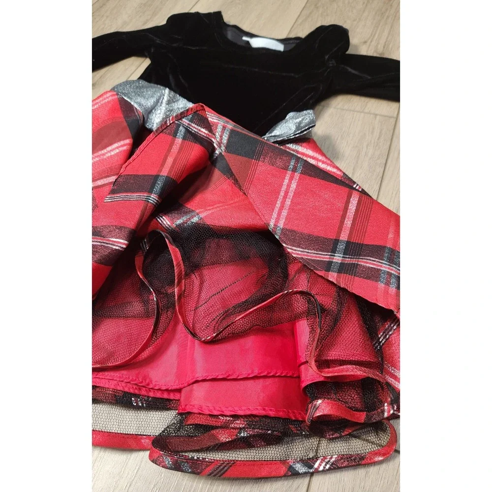 Bonnie Jean Girls Black‎ Velvet Red Plaid Silver Holiday Dress Christmas Size 4T